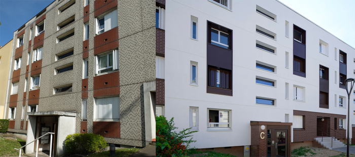 photo avant après de la réhabilitation des façades de la résidence Henri Cahn